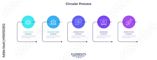 Infographic elements of circular choice template with 5 options, steps or processes. Program steps placed in horizontal row. Modern flat vector illustration for visual presentation