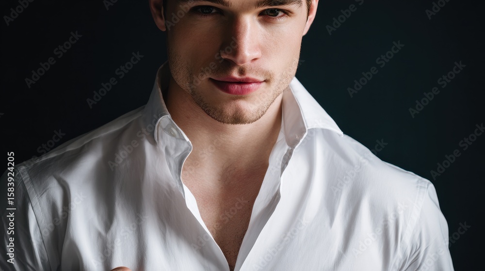 Obraz premium Stylish Closeup of Confident Guy in Open White Shirt Over Dark Background