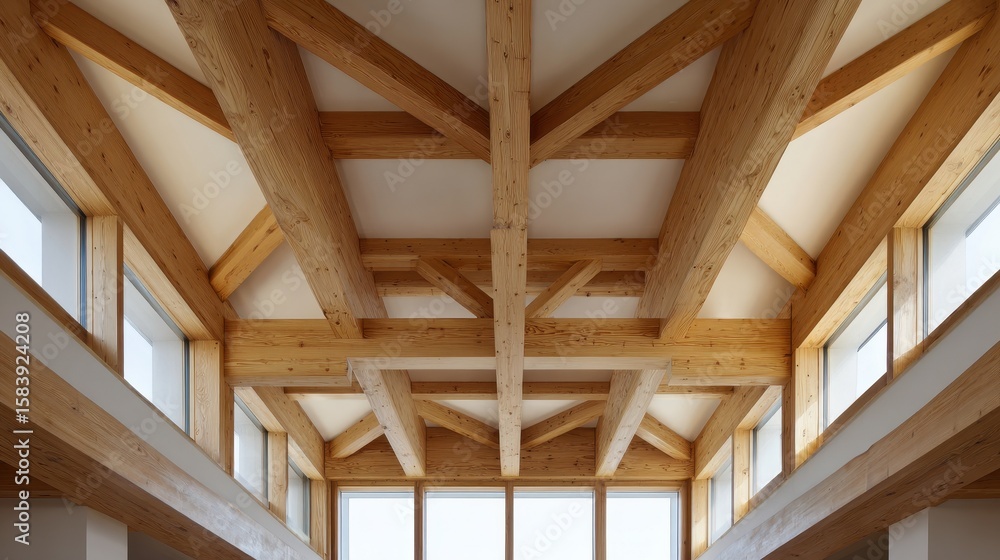 Obraz premium Stunning Showcase of Ceiling Timber Beams in a Contemporary Cross-Laminated Wood Home