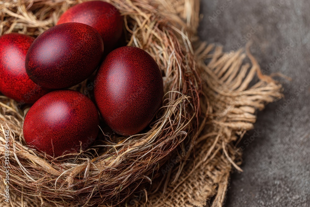 Obraz premium Vibrant Deep Red Easter Eggs Nestled in a Cozy Nest â€“ A Joyful Tribute for Happy Easter Celebrations