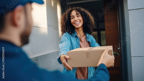 The woman receives a package from a friendly delivery person at her doorstep.