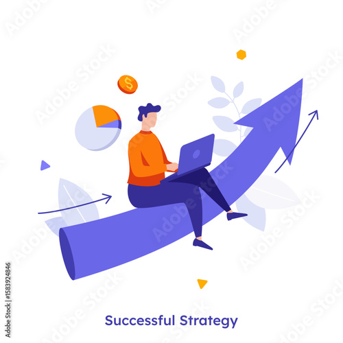 Vector illustration with a man with laptop sitting on a large rising arrow. Business growth and success concept. Online marketing strategy.