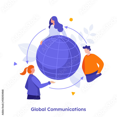 Vector illustration with people communicating around a globe for global communication. Business metaphor for networking and worldwide connection.