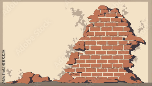 Damaged red brick wall. Brick wall texture and background. Damaged red brick wall fragment. Vector illustration. 