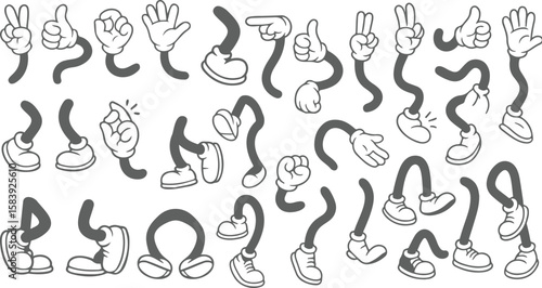 Retro cartoon legs and hands, Hands with gloves and feet with boots, various poses for characters, a set of poses, gestures, placement of hands and feet. Mascot character set. Cartoon set of limbs.EPS