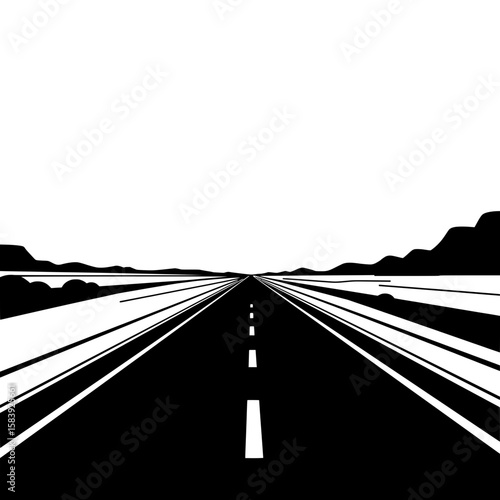 Open Road Ahead: A minimalist black and white illustration of a long, straight road vanishing into the horizon, symbolizing journey, freedom, and possibilities.