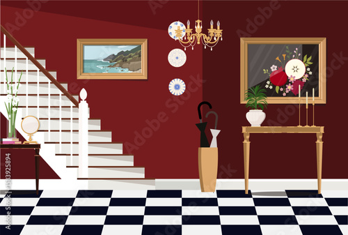 Cozy hallway in burgundy color. Burgundy room