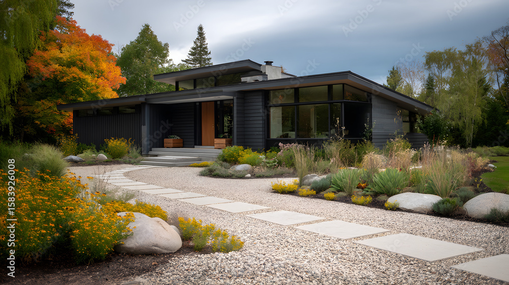 Obraz premium Modern black house amidst vibrant autumn foliage and thoughtful landscaping on a cloudy day