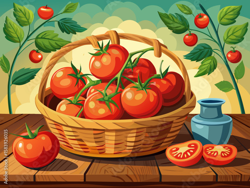 vector of Fresh and ripe tomatoes with branches in a wicker basket on a wooden table.