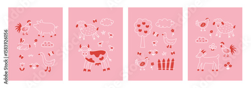 Set of kids poster with cute doodle farm animals. Hand drawn country cow, duck, goose, rooster, goat, chicken, sheep, apple, rabbit, pig, flowers. Baby pink card or backgrounds. Vector illustration