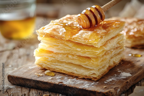 Egyptian feteer meshaltet layered pastry with honeycomb