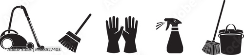 Home Cleaning Tools Silhouette Icons Featuring Vacuum Cleaner Broom Gloves Spray Bottle and Bucket with Mop for Household Chores