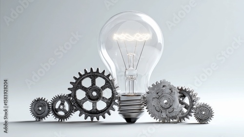 Innovative design featuring light bulb and mechanical gears on a plain background showcasing the concept of creativity and invention
