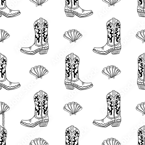 Coastal cowgirl seamless pattern featuring line art of cowboy boots and nautical shells for artistic expression and Western decor