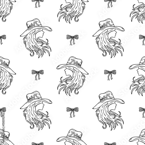 Coastal cowgirl seamless pattern in line art featuring cowgirls, hats, and bows creating a charming and whimsical design perfect for nautical themes