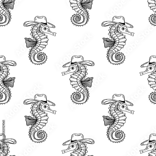 Coastal cowgirl seamless pattern featuring line art of seahorses in cowboy hats, perfect for nautical-themed decor and western-inspired projects