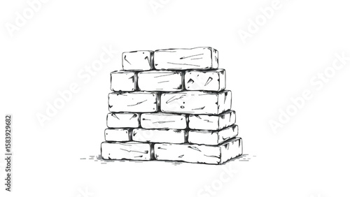 A black and white, hand-drawn illustration of a stack of bricks on a white background. A stack of bricks.