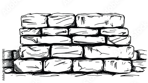 A black and white, hand-drawn illustration of a stack of bricks on a white background. A stack of bricks.