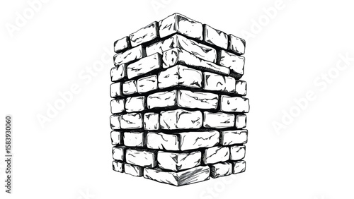 A black and white, hand-drawn illustration of a stack of bricks on a white background. A stack of bricks.