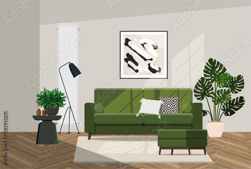 Sunlit living room with green sofa, pouf, wall radiator and table with plant, aroma diffuser, candle. Vector illustration.