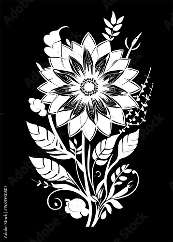 white graphic contour drawing of a bouquet of flowers on a black background, design