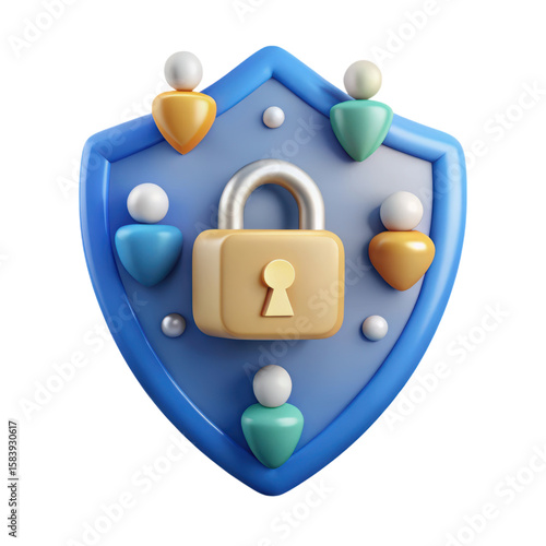 A modern high quality 3d rendering plastic-style icon depicting data protection and teamwork concept around a secure padlock on a blue shield