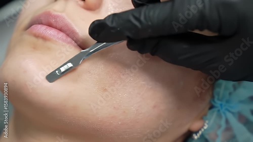 Professional Dermaplaning Treatment on Woman's Face With Surgical Blade in Spa Setting