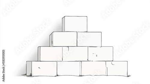 A black and white, hand-drawn illustration of a stack of bricks on a white background. A stack of bricks.	