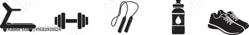 Fitness Gear Silhouette Icons Featuring Treadmill Dumbbell Jump Rope Water Bottle and Running Shoes for Workout Gym and Healthy Lifestyle