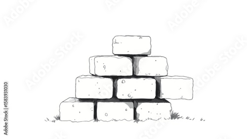 A black and white, hand-drawn illustration of a stack of bricks on a white background. A stack of bricks.	