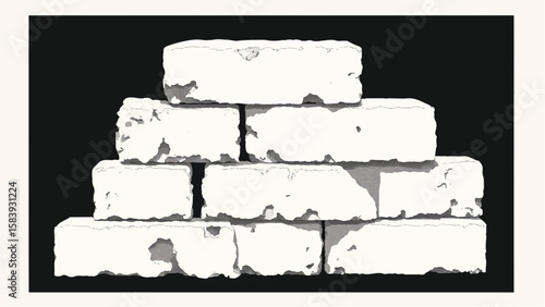 A black and white, hand-drawn illustration of a stack of bricks on a white background. A stack of bricks.	