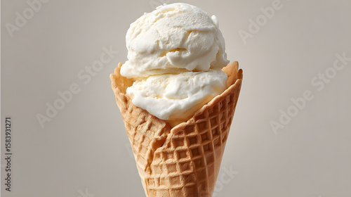 Delicious creamy vanilla ice cream scoops in a crisp waffle cone on a minimalist background