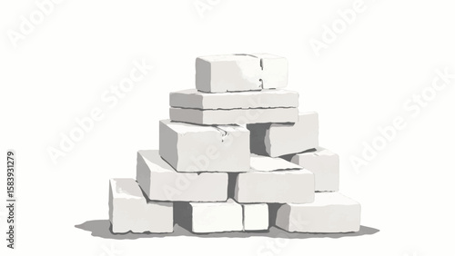 A black and white, hand-drawn illustration of a stack of bricks on a white background. A stack of bricks.	