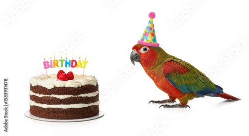 parrot wearing a birthday hat with a birthday cake, party celebration image, white background