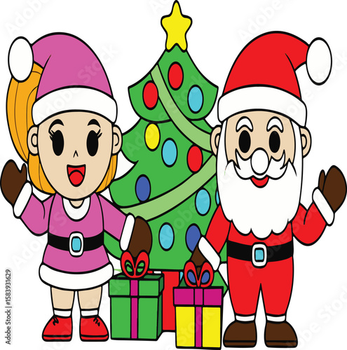 Cartoon Santa Claus with gifts, his son, and a little girl, celebrating a merry Christmas holiday