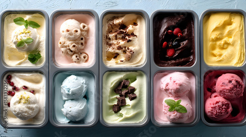 An Overhead View of Ten Vibrant and Delicious Artisanal Ice Cream Flavors in Metal Containers