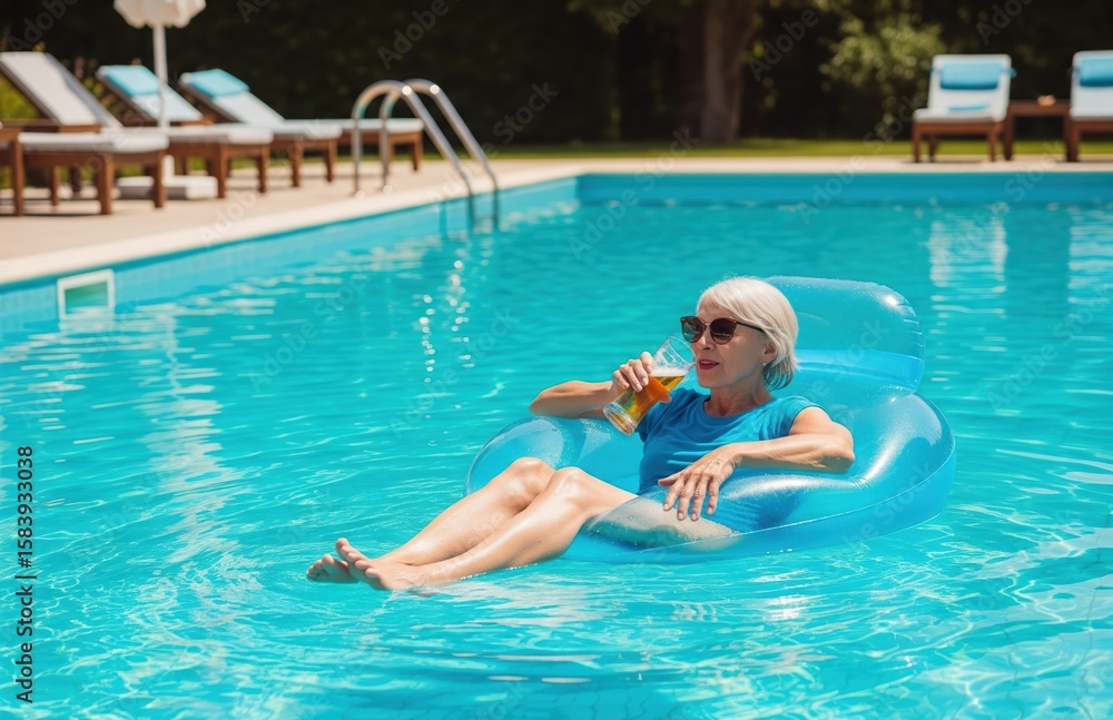 Fototapeta premium Cheerful woman on inflatable in pool with drink in hand soaking up summer rays on peaceful resort day