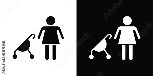 Woman with Baby Stroller icon glyphs vectors. Web flat pack.