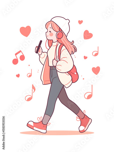Melody in Motion: An illustration of a young woman strolls, headphones in place, music streaming in the air, surrounded by the playful dance of musical notes and hearts.