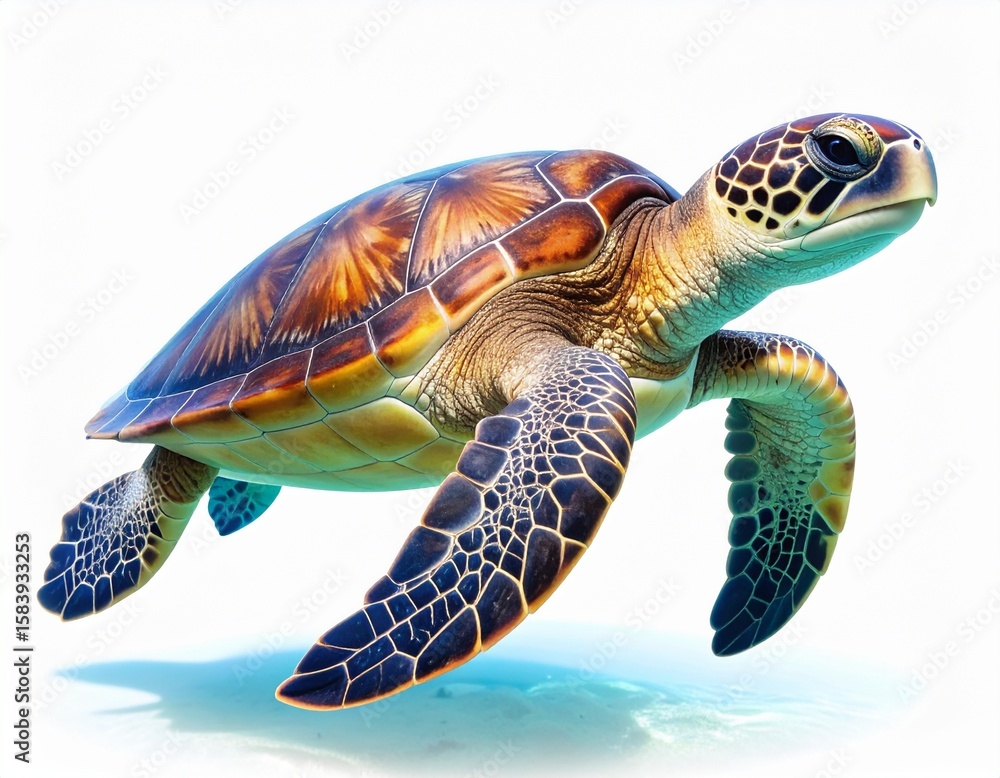 Fototapeta premium Green sea turtle gracefully glides through a vibrant coral reef, its shell adorned with marine life, showcasing the serene beauty of this aquatic reptile