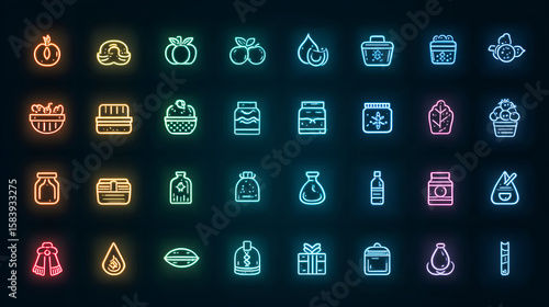 Fresh Farm Icons: A collection of vibrant and modern food icons, rendered in a clean, contemporary style against a dark backdrop, showcasing the freshness and variety of produce and related items.