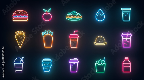 Neon Delights: A vibrant array of neon food and beverage icons illuminate a dark backdrop, showcasing a variety of appetizing treats.