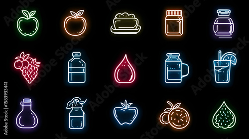 Neon Food Icons: An eye-level shot showcasing an array of colorful neon food icons set against a sleek black backdrop, evoking modern digital aesthetics.