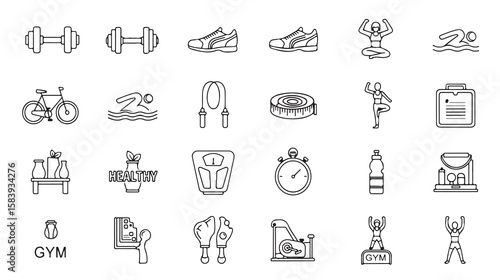 Fitness Essentials Icons of gym, diet, and healthy lifestyle. Exercise and Wellness Outline Icons