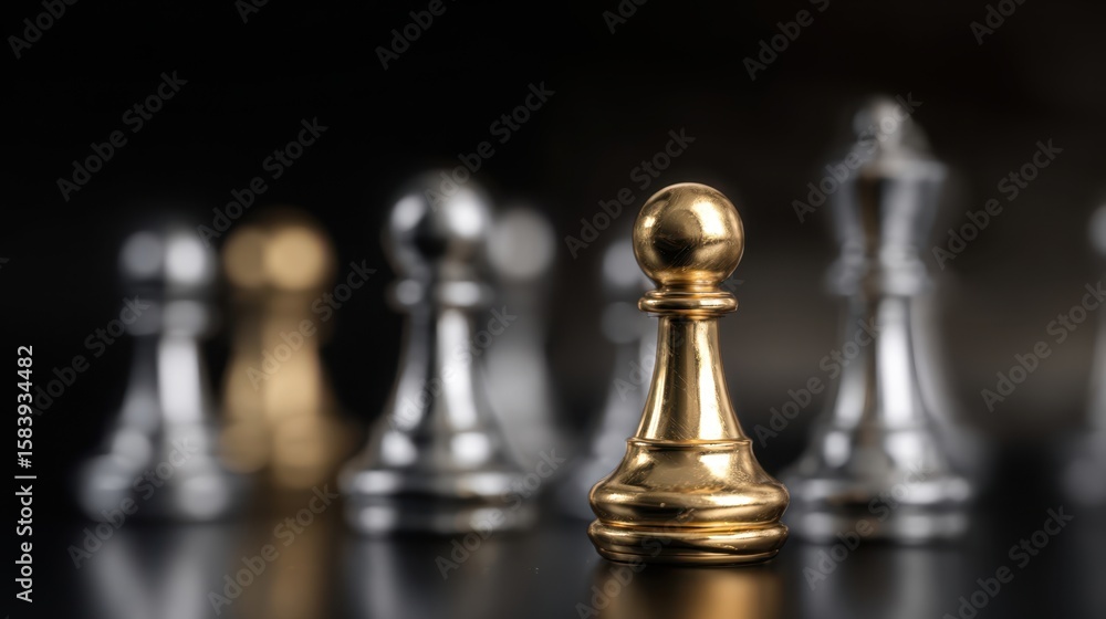 The golden chess pawn standing prominently among silver opponents. The golden chess pawn standing prominently among silver opponents.