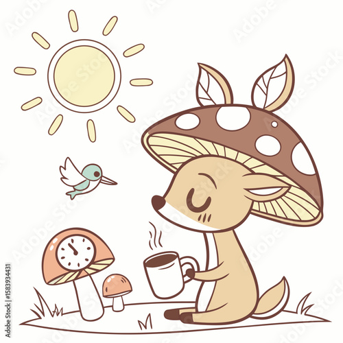 Creative SVG: Peaceful Reindeer with under a mushroom in a Sunny Mornings colored Morning sunshine theme