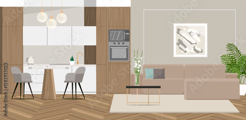 Interior of kitchen-living room in modern style. Vector illustration.