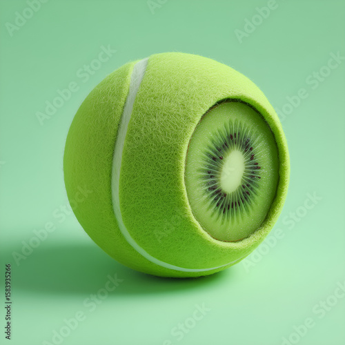 Kiwi Tennis Ball Fusion: A surreal image showcases a tennis ball with its surface peeled away to reveal a ripe kiwi fruit inside, blending sport and nutrition in a visually striking way.