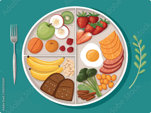 Healthy balanced diet plate illustration with fruits vegetables protein and grains for wellness plan