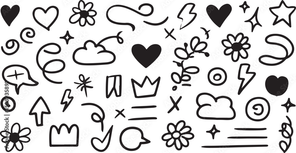 Naklejka premium Black doodle icons hearts stars flowers lightning bolts and clouds vector